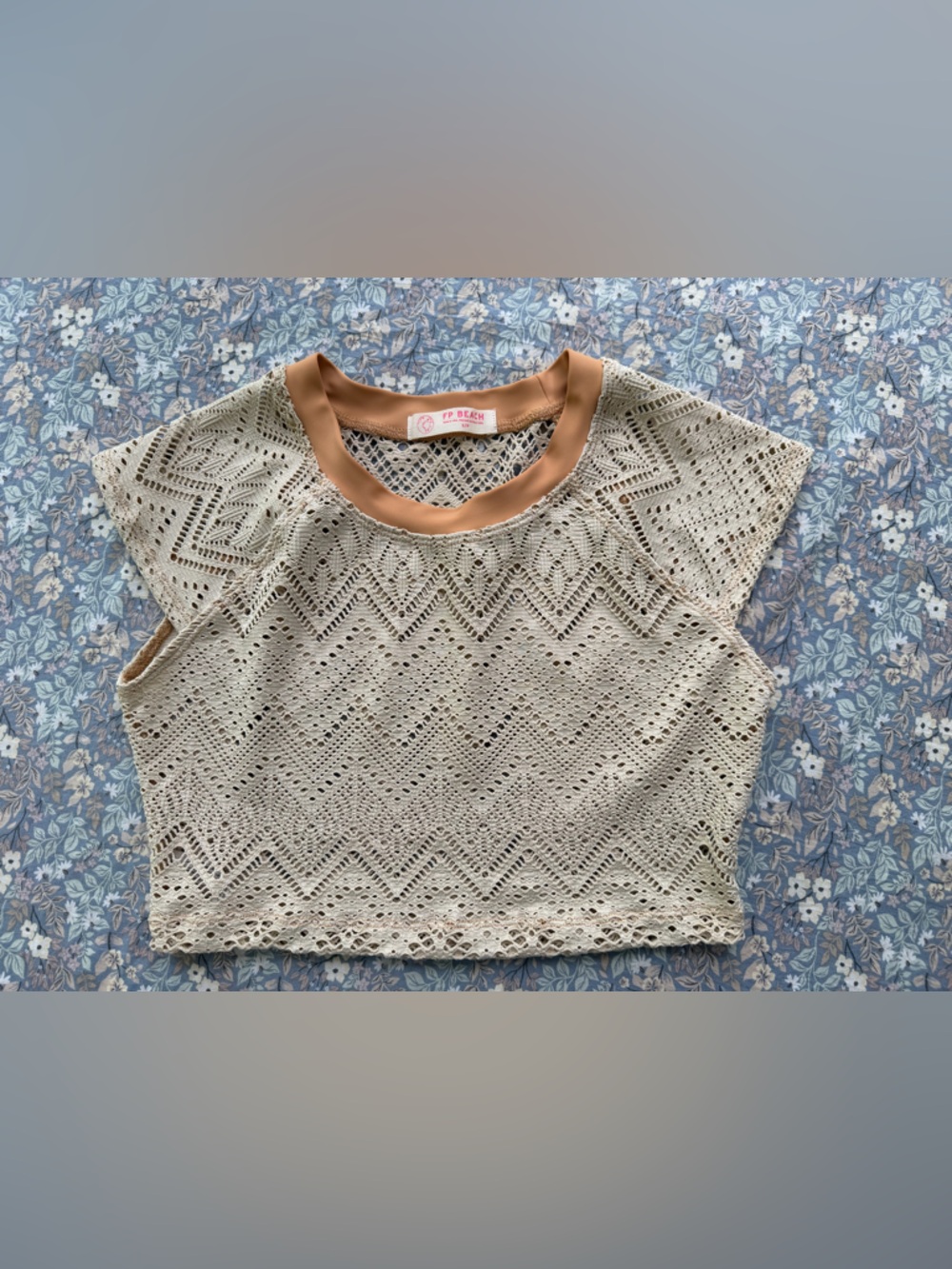 FP Beach Cream Crochet Short Sleeve Top with Tan Trim